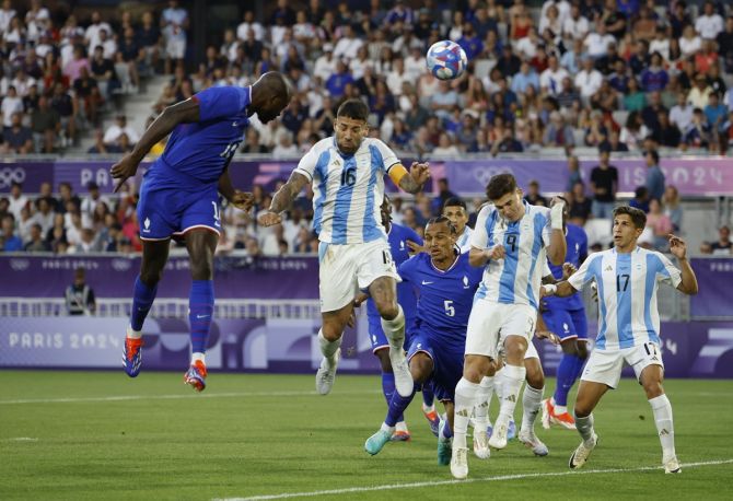 Jean-Philippe Mateta heads home the only goal of the match as France beat Argentina in the Olympics men's football quarter-final against Argentina, at Bordeaux Stadium, Bordeaux, France, on Friday..