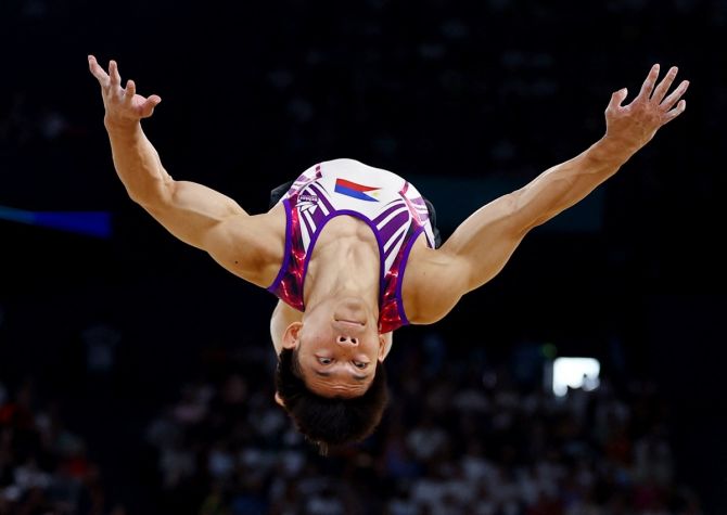 Carlos Edriel Yulo of the Philippines in action during the Men's Floor exercise final.