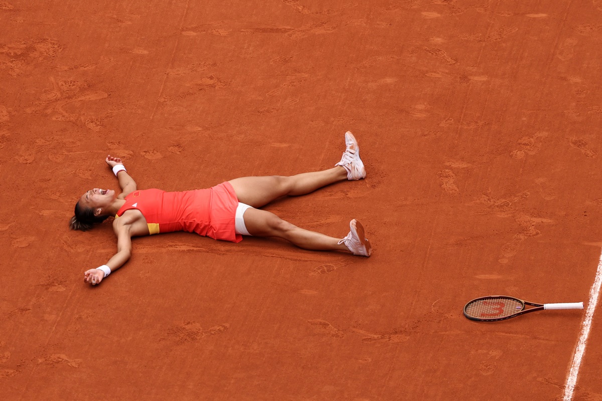 China's Qinwen Zheng celebrates victory over Croatia's Donna Vekic in the women's singles tennis final at Roland Garros stadium, Paris, on Saturday.