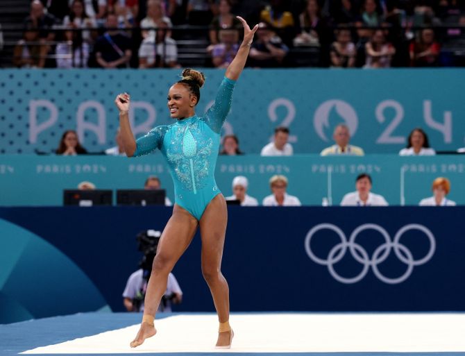 Brazil's Rebeca Andrade is all smiles after finishing her routine in the Olympics Artistic Gymnastics women's Floor Exercise final at Bercy Arena, Paris, on Monday.