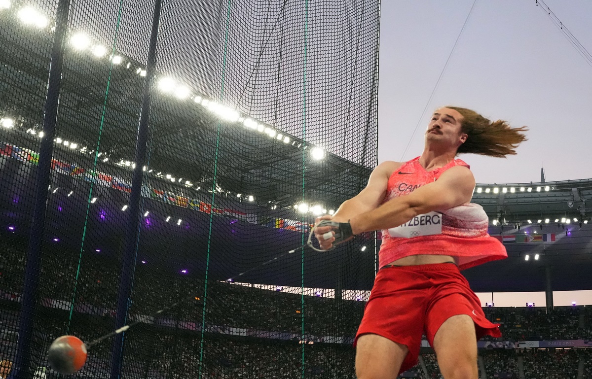 Canada's Ethan Katzberg in action during the men's Hammer Throw final.