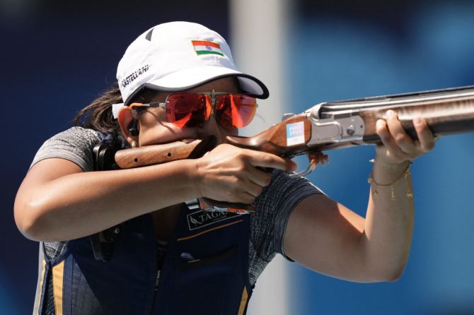 India's Maheshwari Chauhan in action during the Skeet Mixed Team Bronze Medal match at the Chateauroux Shooting Centre, Deols, France, on Monday