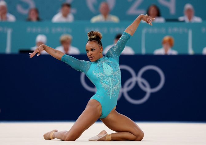 Rebeca Andrade goes through her routine in the Floor Exercise final. 