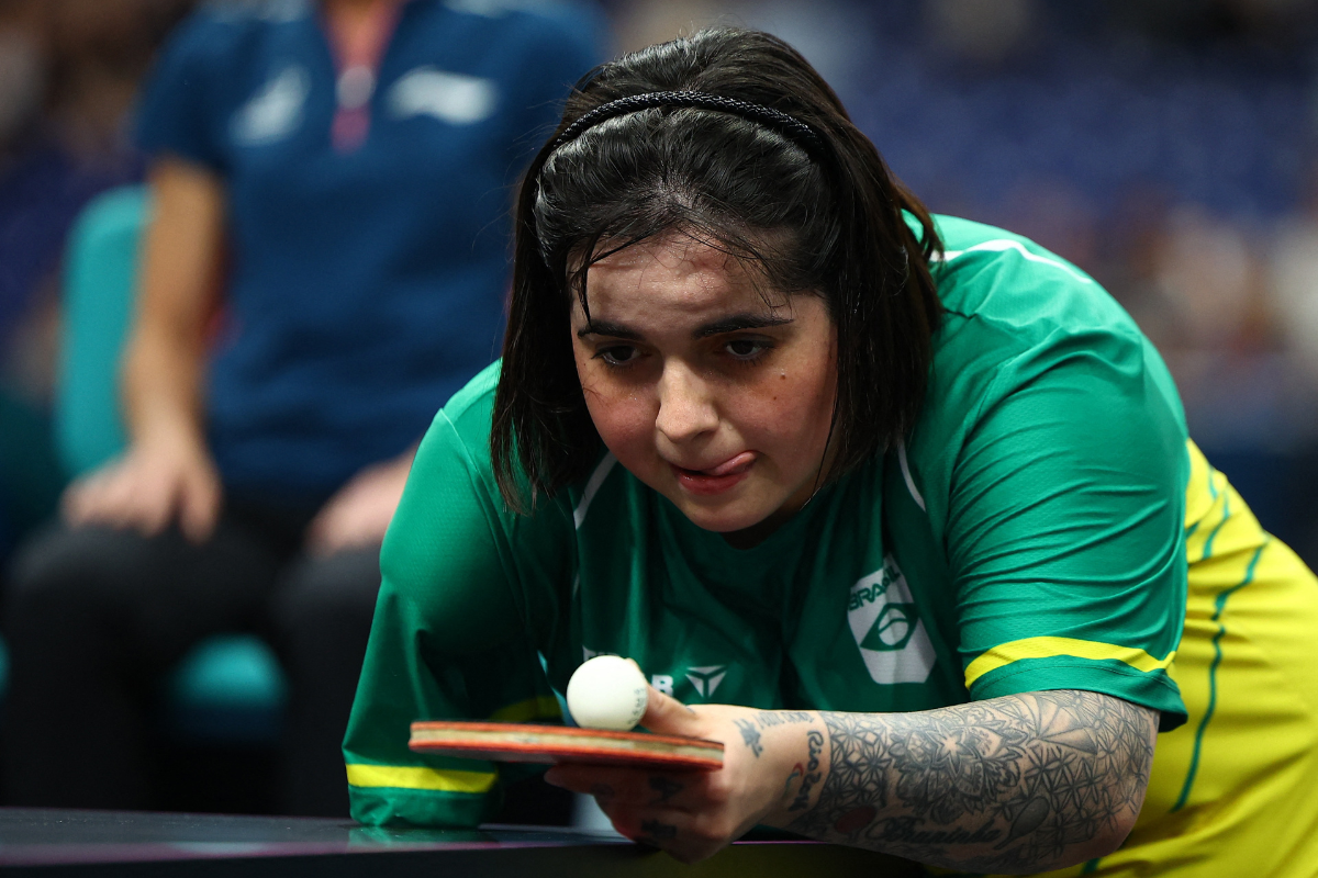 Brazil's Bruna Alexandre in action during table tennis her round of 16 team match against Eunhye Lee of South Korea. 