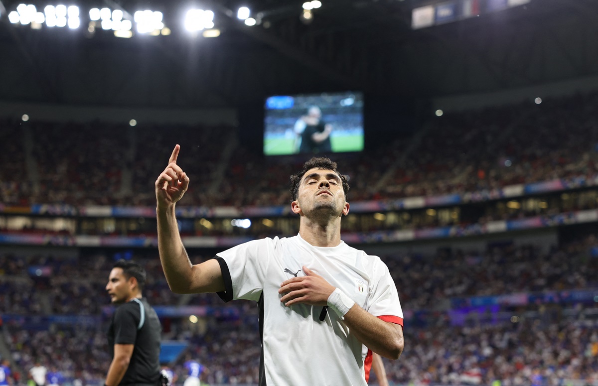 Mahmoud Saber celebrates putting Egypt ahead in the match.