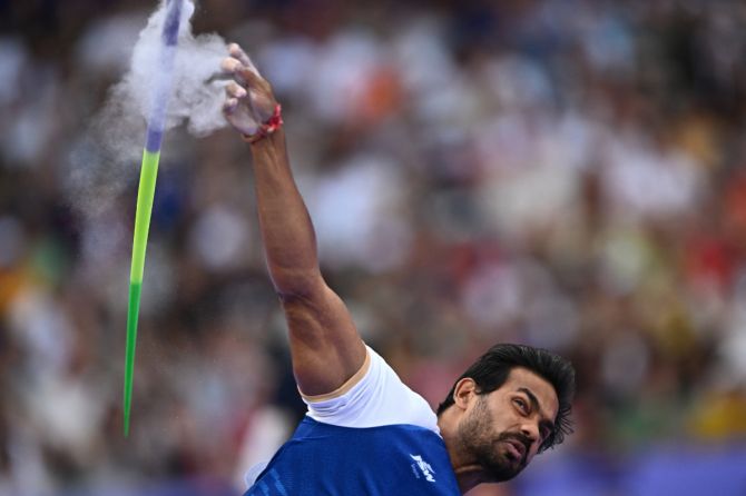 Kishore Jena of India in action during the Men's Javelin Throw Qualification at the Stade de France, Saint-Denis, France, at the Paris Olympics, on Tuesday