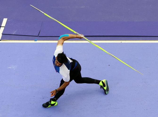 Neeraj Chopra in action during the men's Javelin Throw qualification.