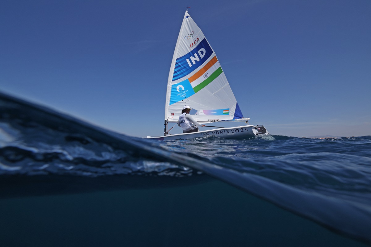 India's Nethra Kumanan sails during the Olympics women's Dinghy event at Marseille Marina, Marseille, Paris, on Monday.