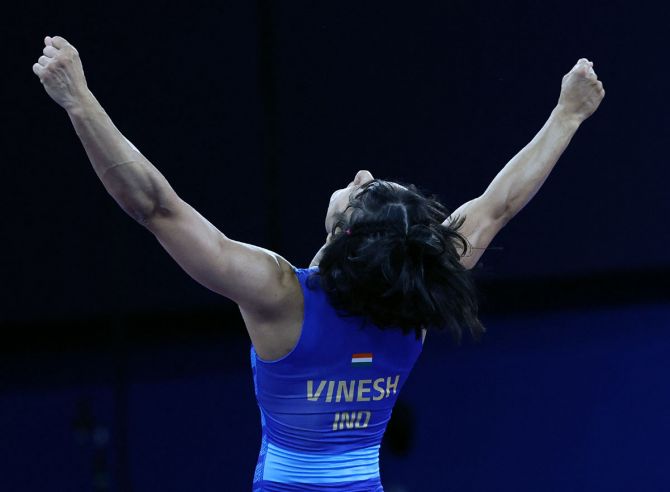 Vinesh Phogat of India reacts after winning the wresting bout against Yui Susaki of Japan. at the Paris Olympics, on Tuesday
