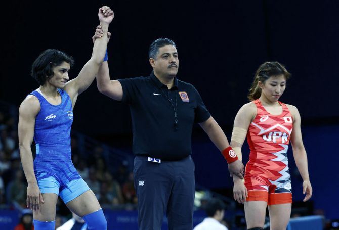 Wrestler Vinesh Phogat is declared winner of the match against Yui Susak