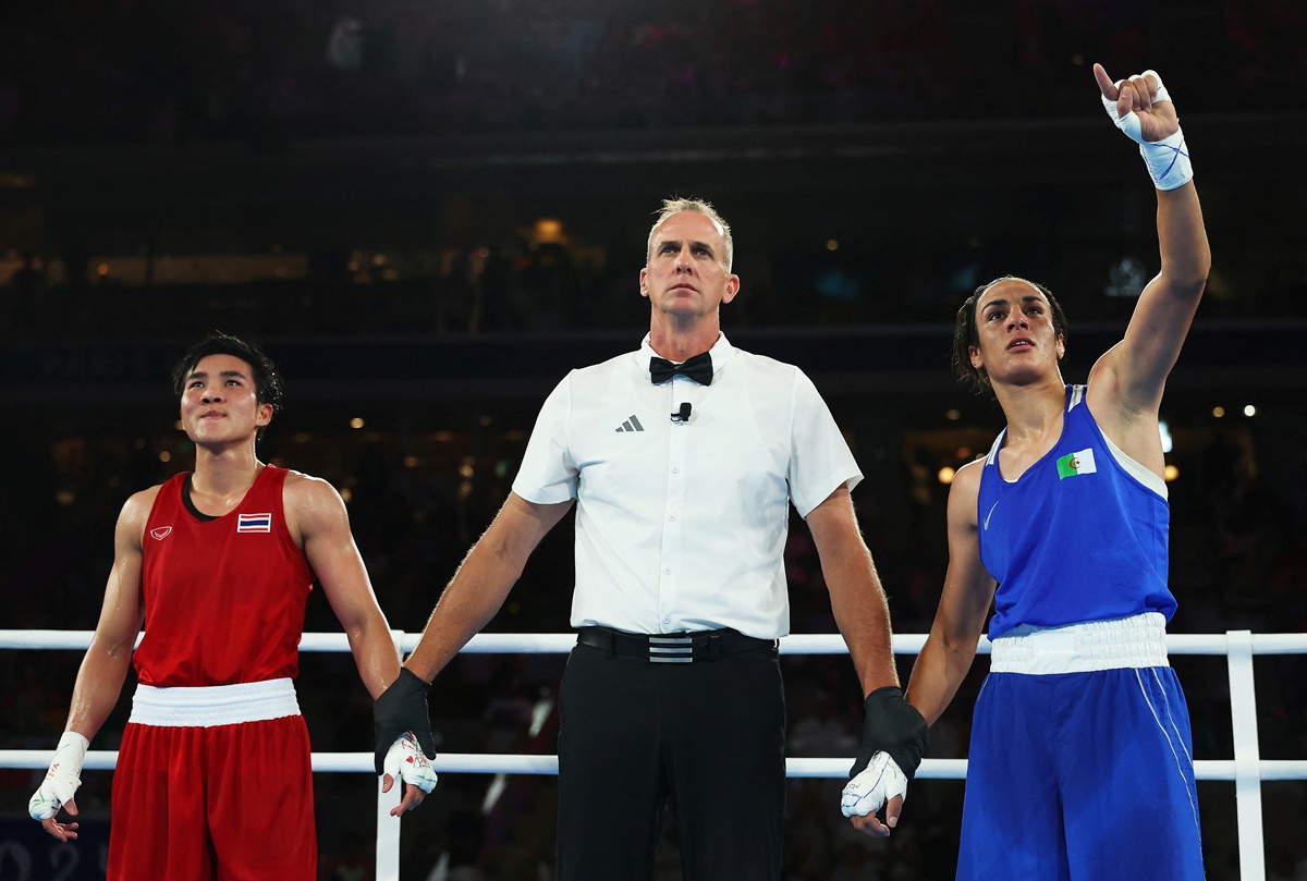 Algeria's Imane Khelif is declared the winner by referee Shawn Reese after the Olympics women's 66kg semi-final against Thailand's Janjaem Suwannapheng at Roland Garros Stadium, Paris, on Tuesday.