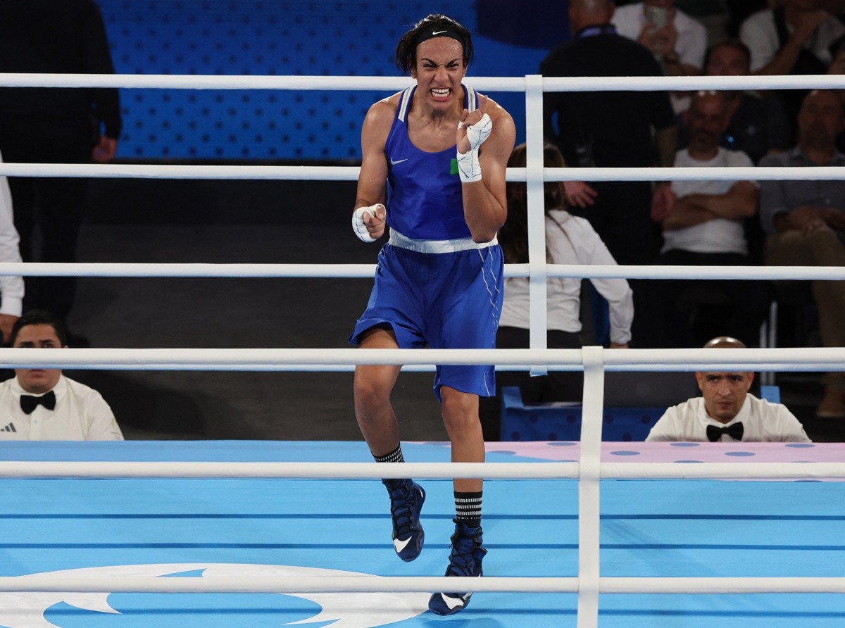 Imane Khelif celebrates after the bout.