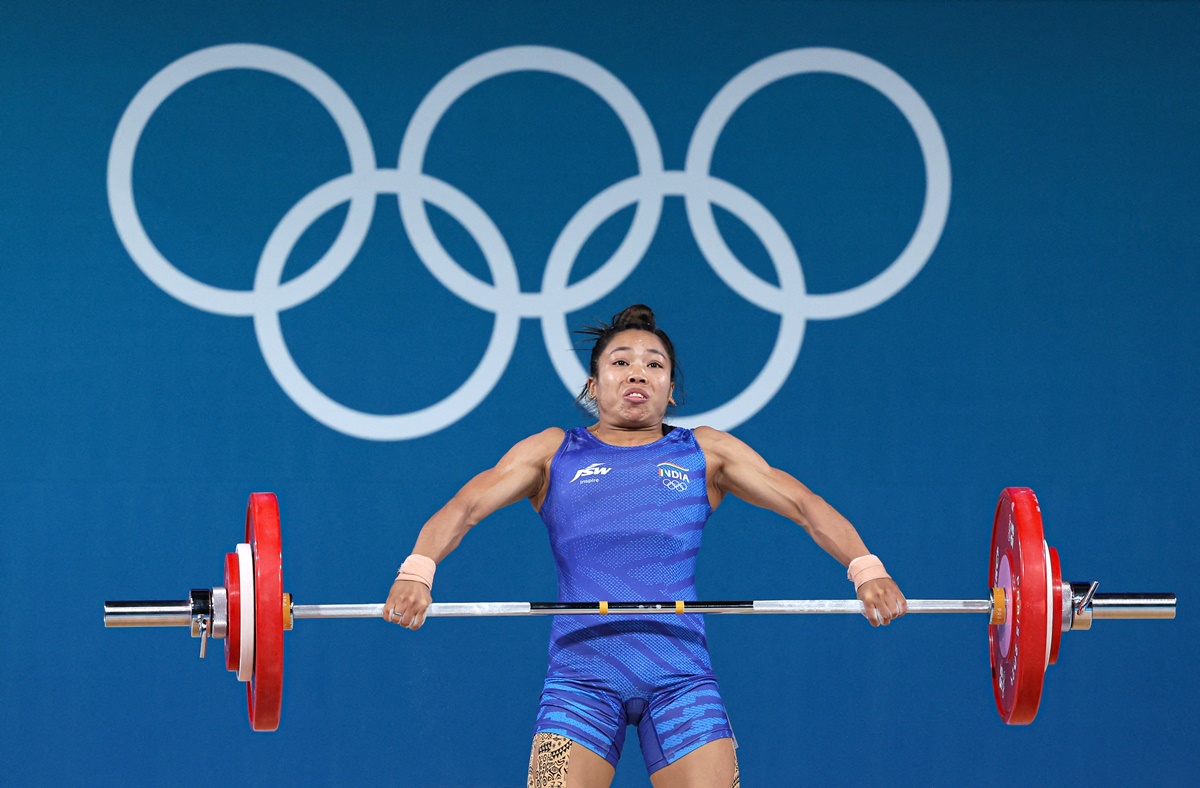 Mirabai Chanu struggles and fails in her final attempt of 114kg during the Olympics women's 49kg weightlifting event in Paris on Wednesday