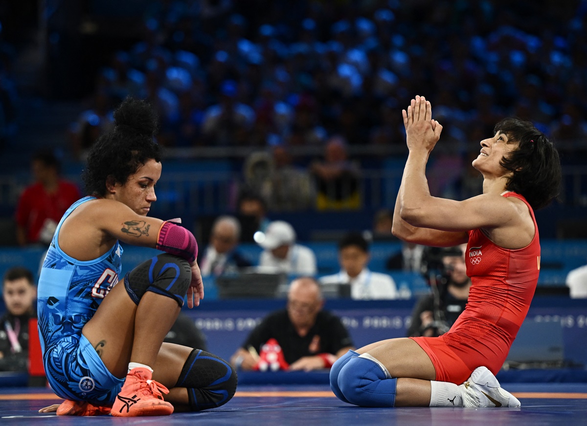 Vinesh Phogat reacts at the end of her Olympics wrestling women's Freestyle 50kg semi-final against Cuba's Yusneylis Guzman Lopez at the Champ-de-Mars Arena, Paris, on Tuesday.