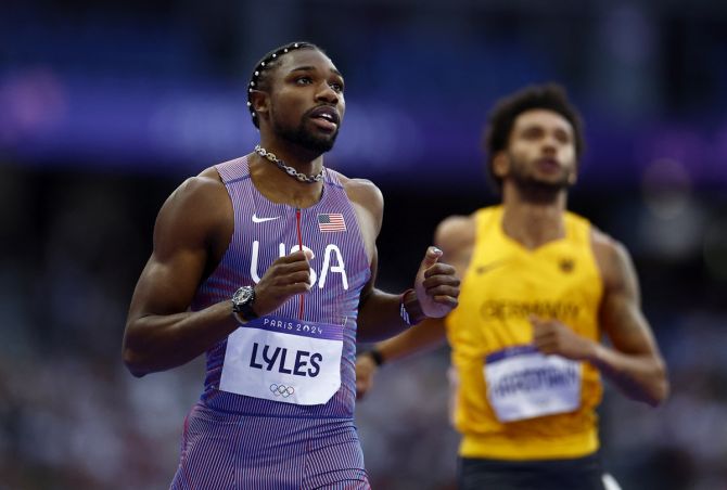 Noah Lyles reacts after finishing behind Letsile Tebogo in 20.08s.