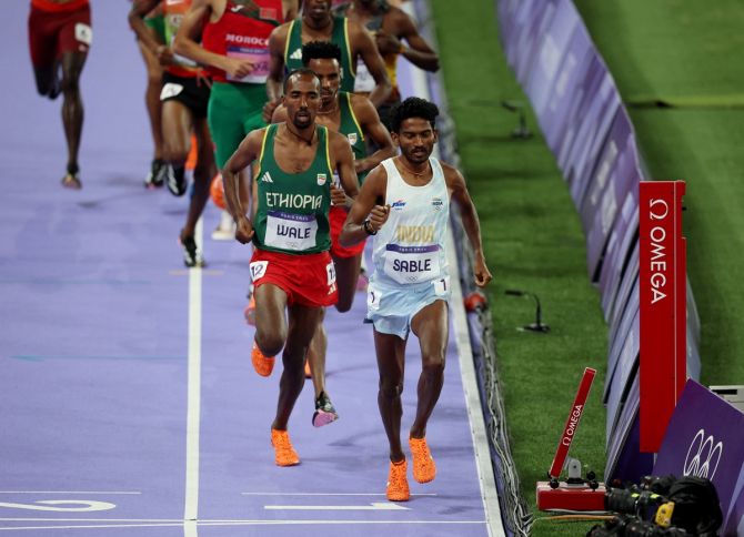 India's Avinash Mukund Sable leads the field briefly during the Olympics men's 3000m Steeplechase final at Stade de France, Saint-Denis, Paris, on Wednesday.