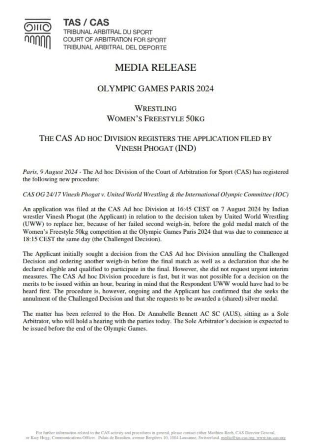 The statement by CAS on Vinesh Phogat's disqualification from the 50kg wrestling bout final at the Paris Games