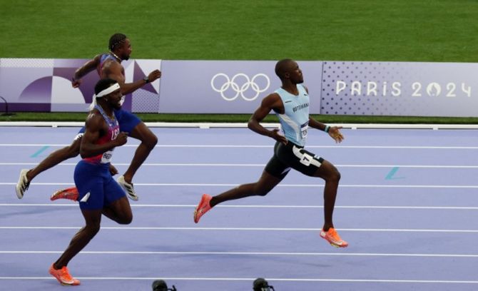 Botswana's Letsile Tebogo wins the Olympics men's 100 metres, finishing well ahead of the United States' Kenneth Bednarek and Noah Lyles at Stade de France, Saint-Denis, Paris, on Thursday.