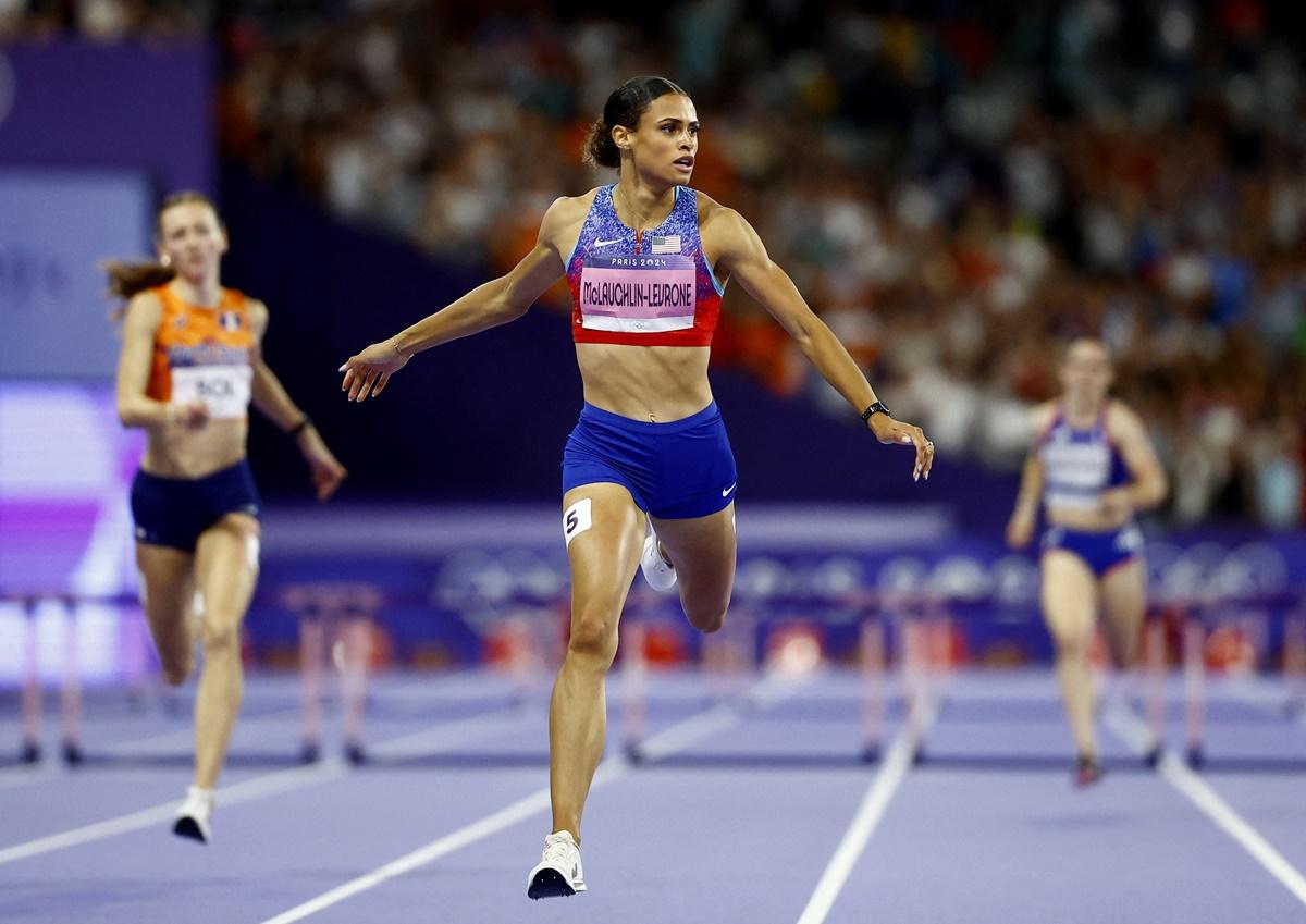 Sydney McLaughlin-Levrone of United States crosses the line to win gold and set a new World record in the Olympics 400m Hurdles final at Stade de France, Paris, on Thursday.