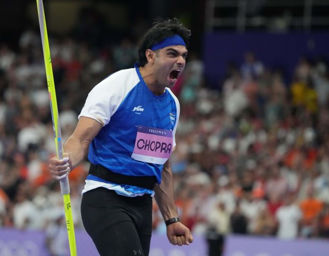  Neeraj Chopra reacts after clearing 89.45 metres on his second visit in the Olympics men’s Javelin Throw final