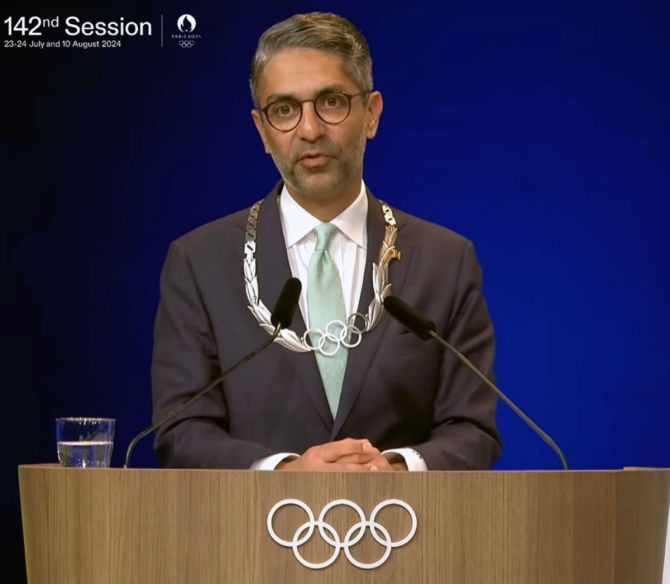 Abhinav Bindra, who is also vice-chair of the IOC Athletes' Commission, addresses the session