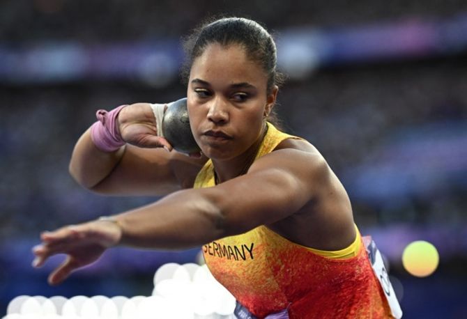 Germany's Yemisi Ogunleye in action during the women's Shot Put final.