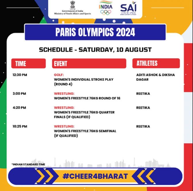 Olympics Check out India's schedule on August 10, 2024 Rediff Sports