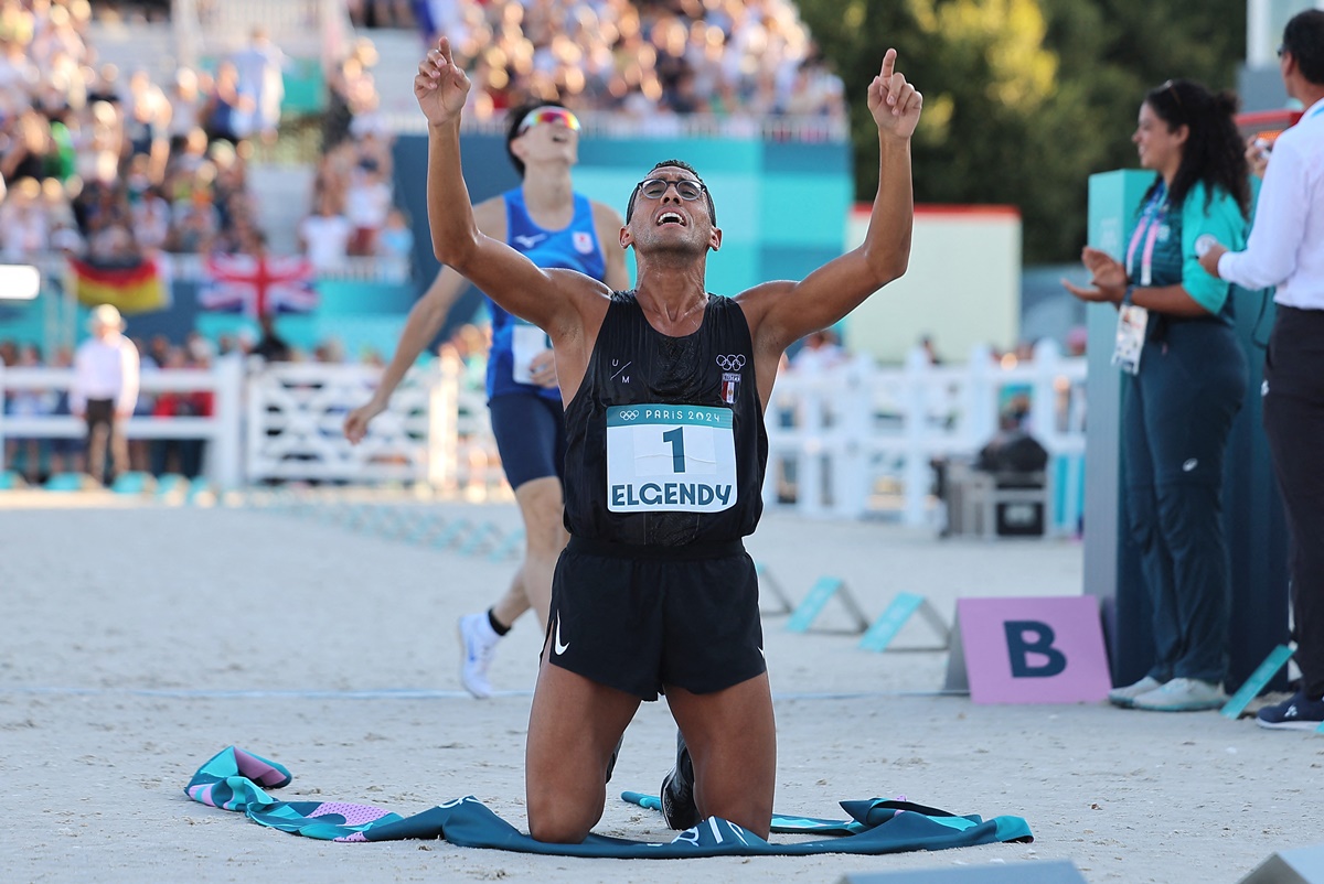 Egypt's Ahmed Elgendy celebrates winning the gold medal after the Modern Pentathlon men's final Laser Run at Chateau de Versailles, Versailles, France, on Saturday.