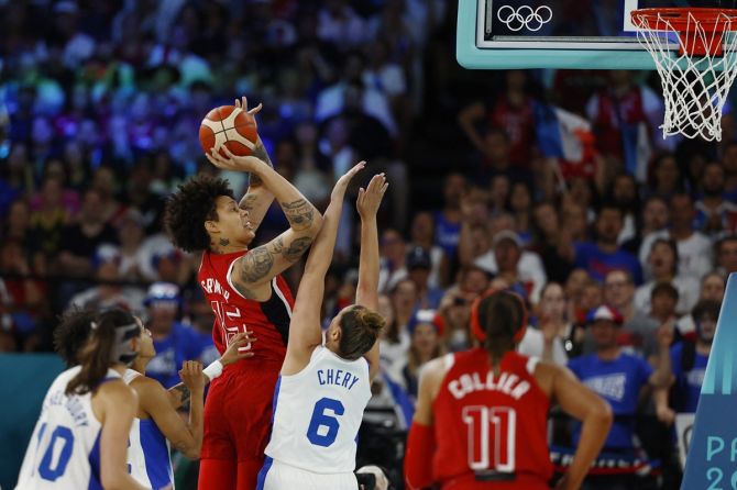 Brittney Griner in action against France's Alexia Chery.