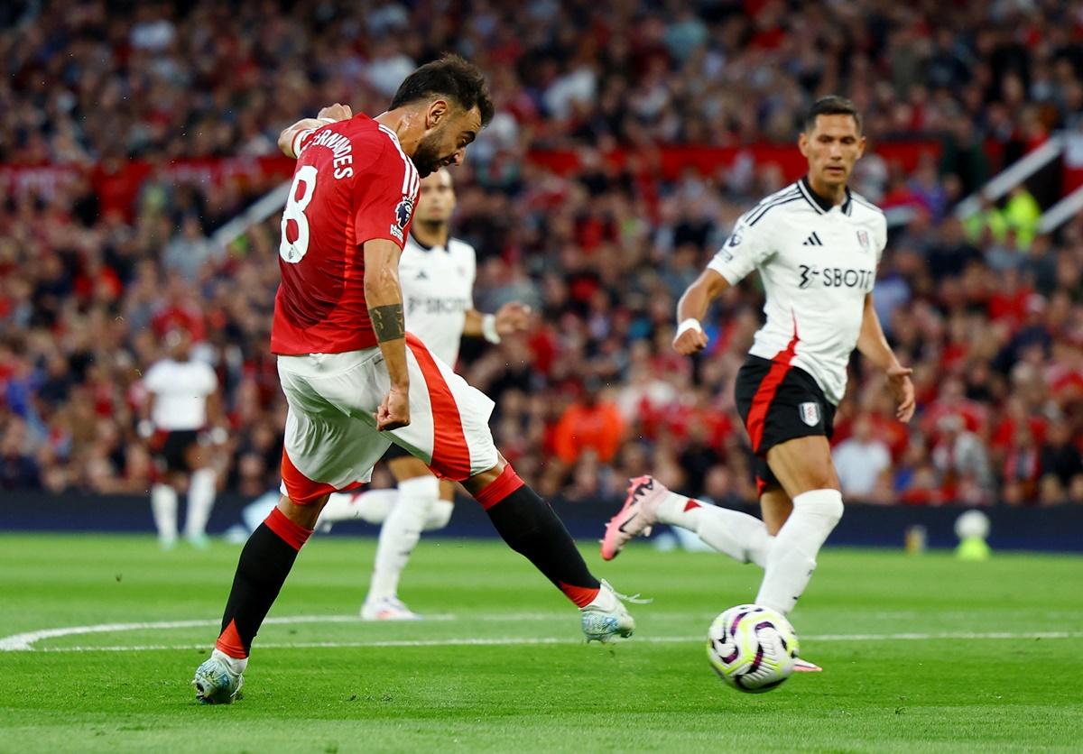 Manchester United's Bruno Fernandes shoots at goal but misses when ideally placed to score.