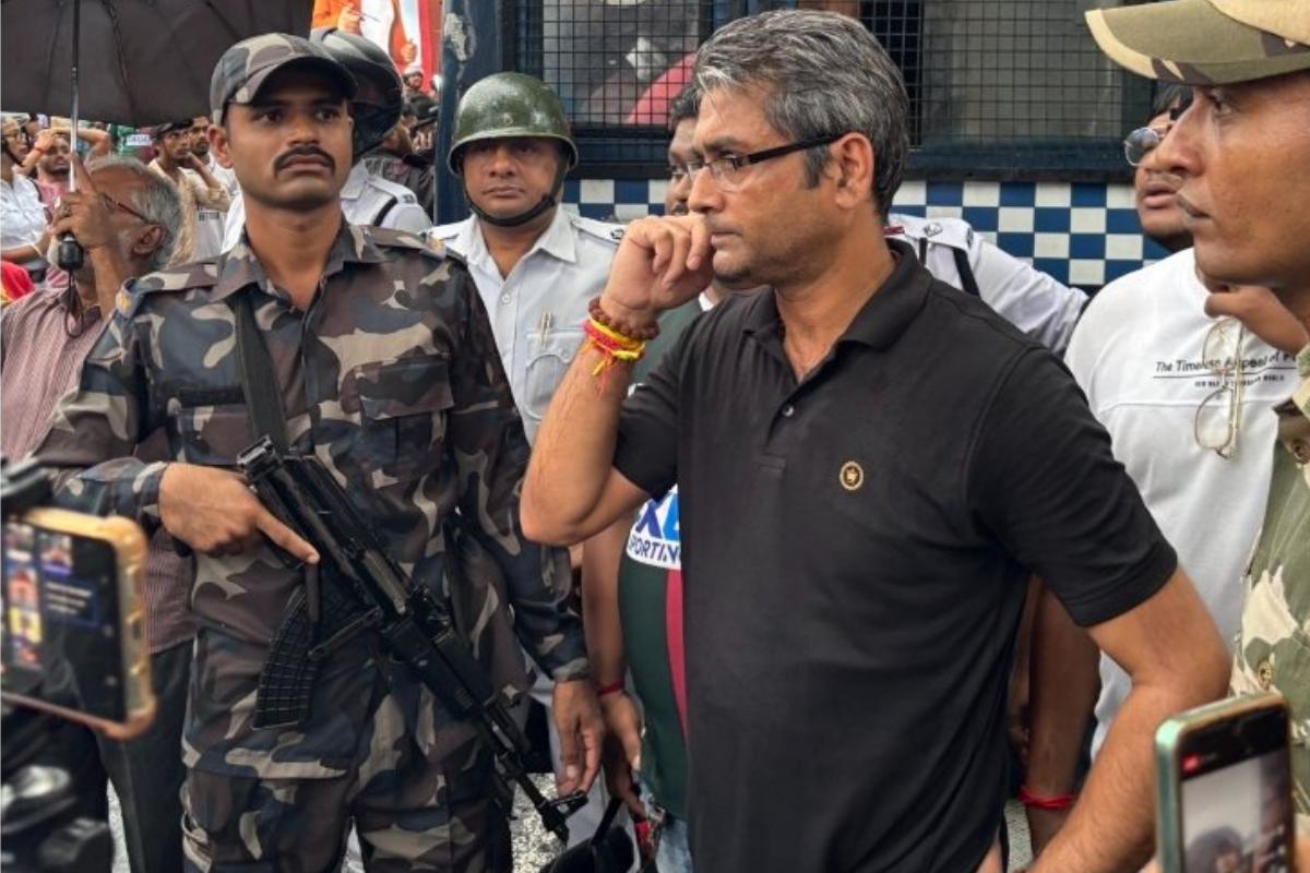 All India Football Federation President Kalyan Chaubey at the protest site on Sunday