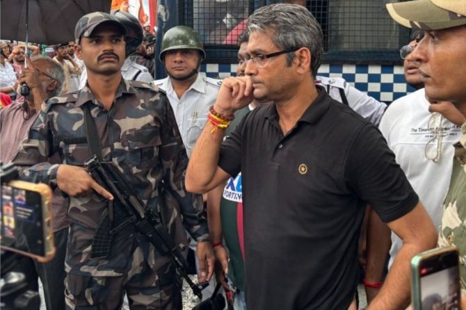 All India Football Federation President Kalyan Chaubey at the protest site on Sunday