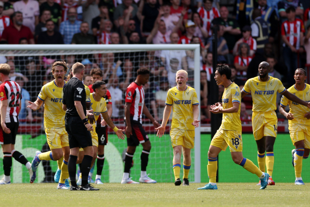 Crystal Palace's Daichi Kamada remonstrates with referee Samuel Barrott after he disallowed a goal scored by Eberechi Eze 