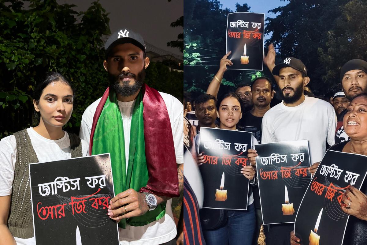 Mohun Bagan captain and India defender Subhashish Bose with his wife Kasturi Chetri and other protestors carrying placards in Bengali that read 'We want justice. Justice for RG Kar'.