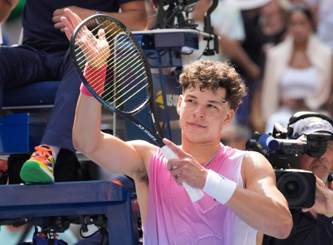 Ben Shelton of the United States celebrates victory over Austria's Dominic Thiem on Monday, Day 1 of the US Open, at USTA Billie Jean King National Tennis Center.