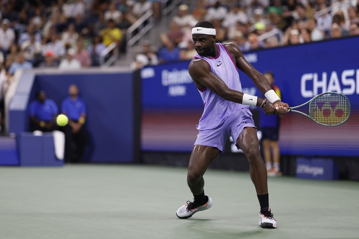 Frances Tiafoe makes a backhand return against fellow American Aleksandar Kovacevic during their first round match. 