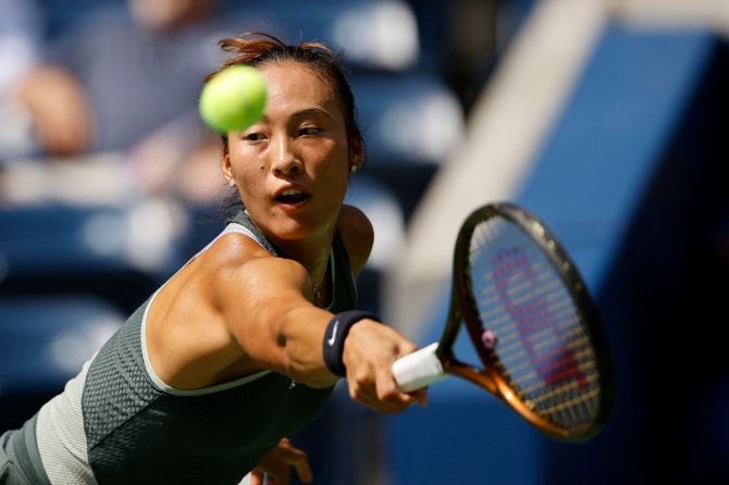 China's Qinwen Zheng in action during her first round match against Amanda Anisimova of the US