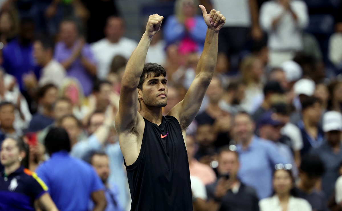 Spain's Carlos Alcaraz celebrates winning his US Open men's singles first round match against Li Tu of Australia at Flushing Meadows, New York, on Tuesday.