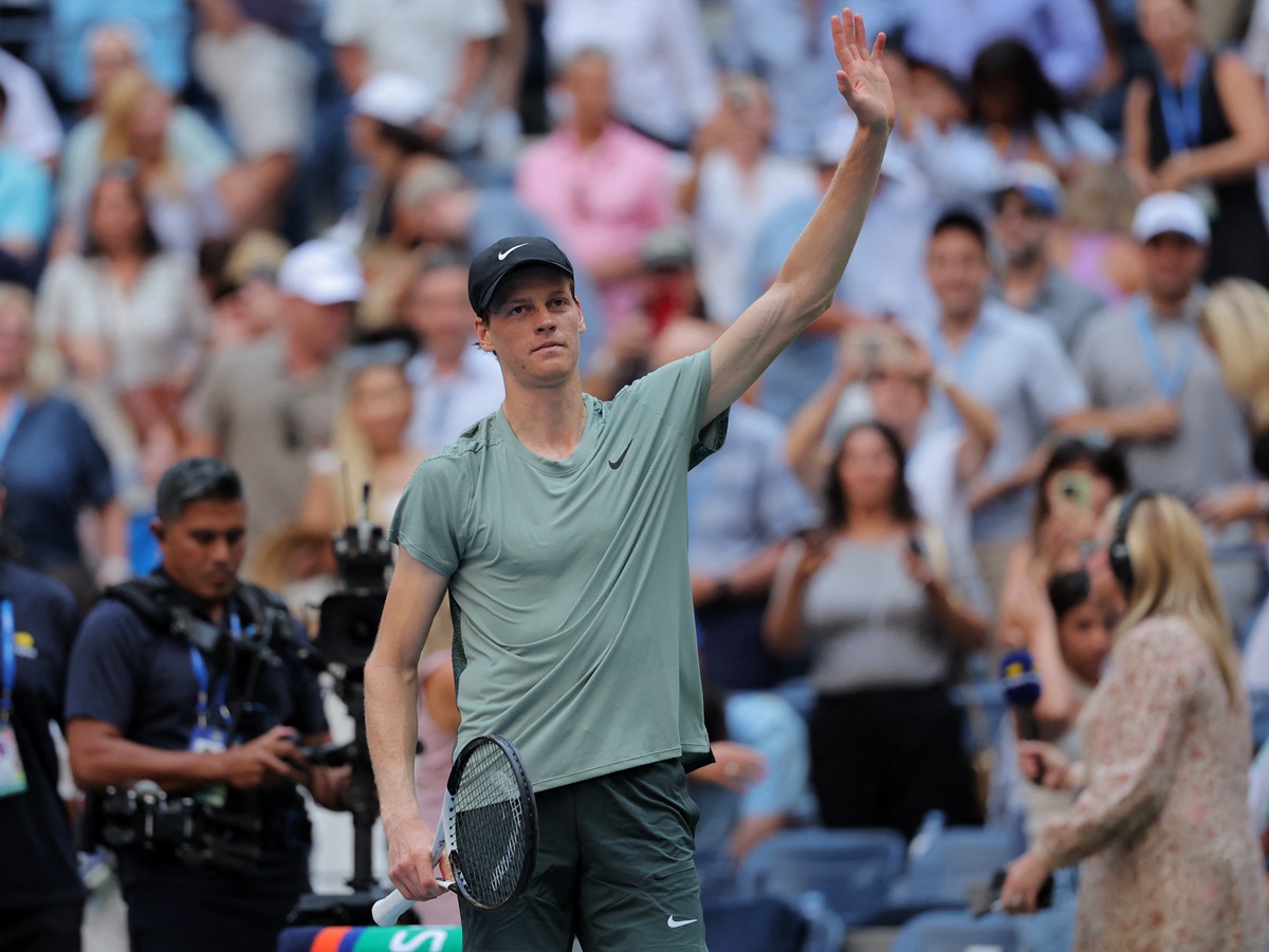 Italy's Jannik Sinner celebrates winning his US Open men's singles first round match against Mackenzie McDonald of the United States at Flushing Meadows, New York, on Tuesday.