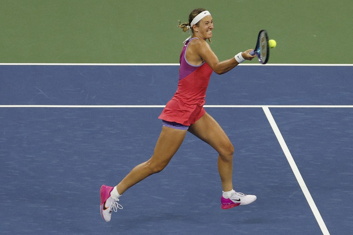 Victoria Azarenka of Belarus makes a forehand return against France's Clara Burel during the US Open women's singles second round match at Flushing Meadows, New York, on Wednesday.