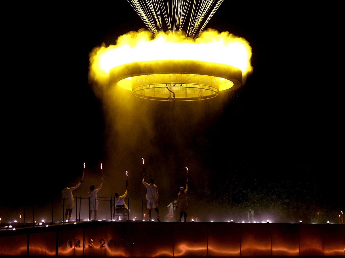 The Olympic cauldron after being lit.