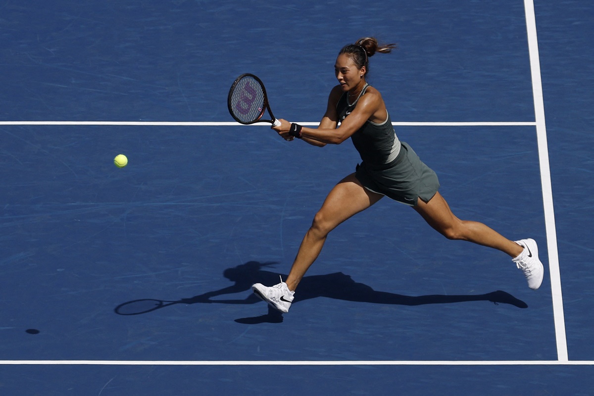 China's Qinwen Zheng hits a backhand during the US Open women's singles second round match agains against Russia's Erika Andreeva on Wednesday.