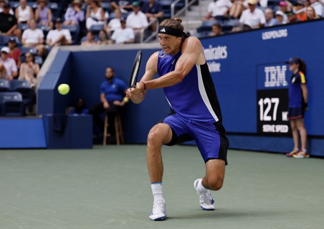 Alexander Zverev fires a backhand winner from the baseline.