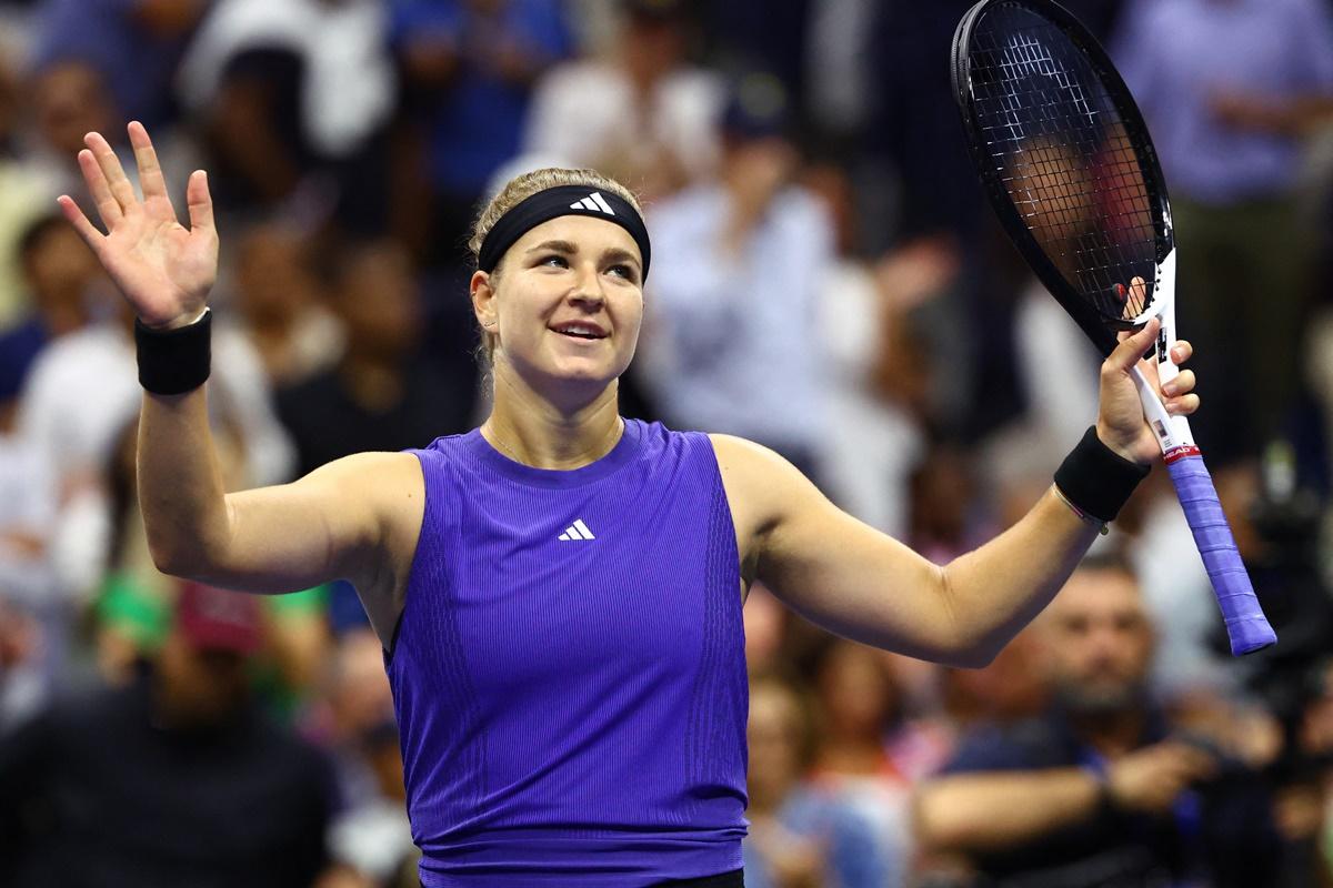 Karolina Muchova celebrates victory over Naomi Osaka.