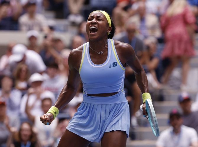 Coco Gauff of the United States celebrates after winning her US Open women's singles third round match against Ukraine's Elina Svitolina Flushing Meadows, New York, on Friday.