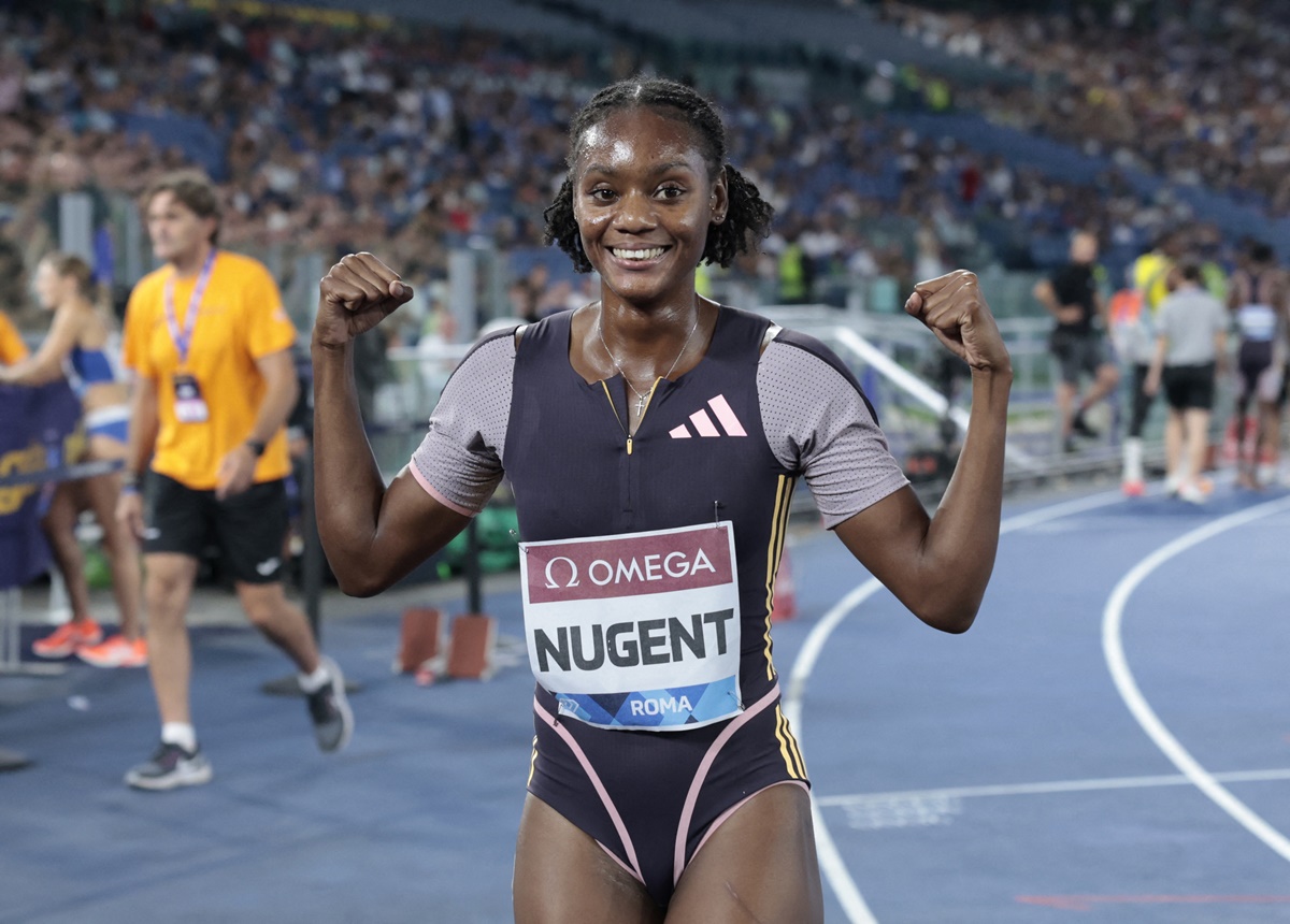 Jamaica's Ackera Nugent celebrates after winning the women's 100m and setting a new World lead time.