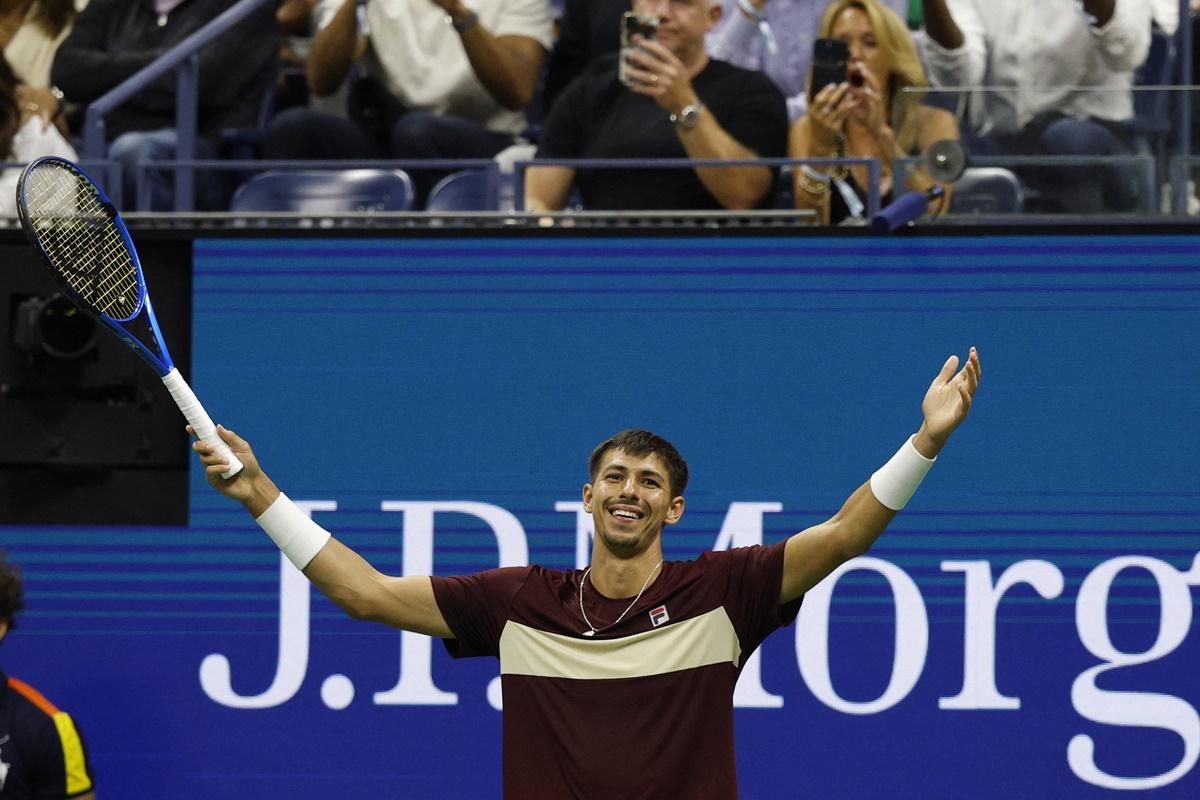 Australia's Alexei Popyrin celebrates victory over Serbia's Novak Djokovic in the US Open men's singles third round match at Flushing Meadows, New York, on Friday.