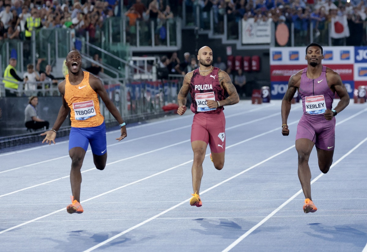 Botswana's Letsile Tebogo reacts after crossing the line to win the men's 100 metres.