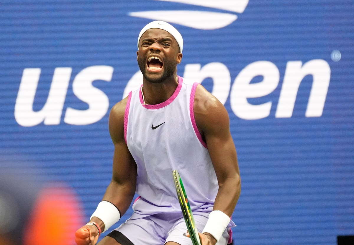 Frances Tiafoe of the United States celebrates victory over compatriot Ben Shelton in the men's singles third round at the US Open on Friday.