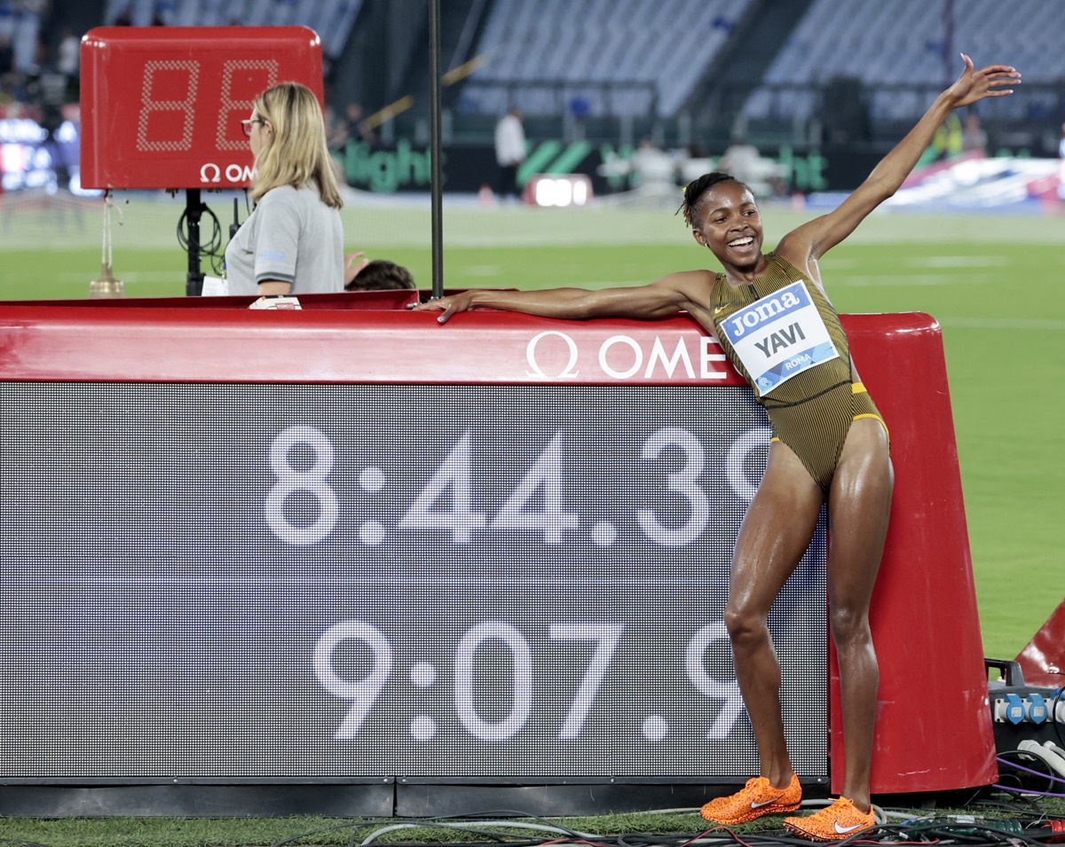 Bahrain's Winfred Yavi celebrates after winning the women's 3000m steeplechase and coming close to second-fastest ever time at the Diamond League athletics meeting in Stadio Olimpico, Rome, Italy, on Friday.